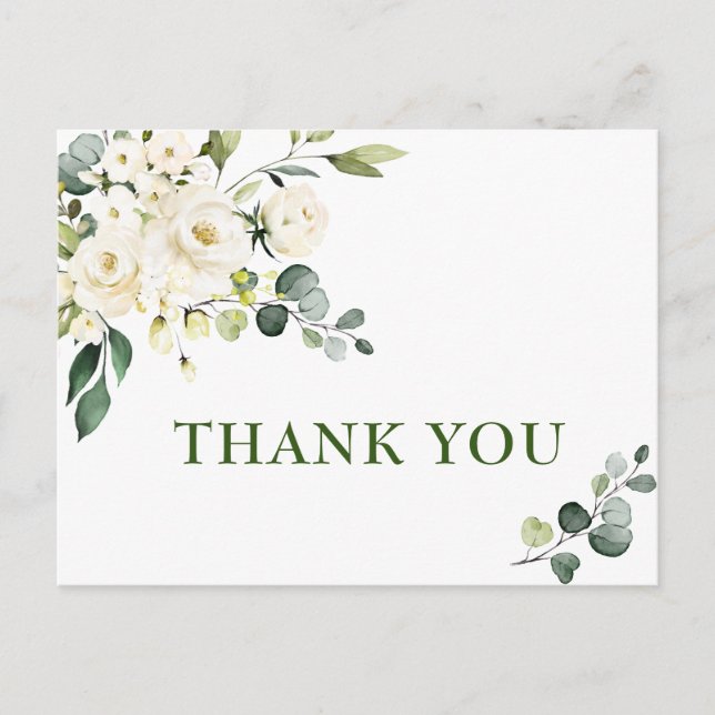 Elegant Eucalyptus White Roses Floral Thank You Postcard (Front)