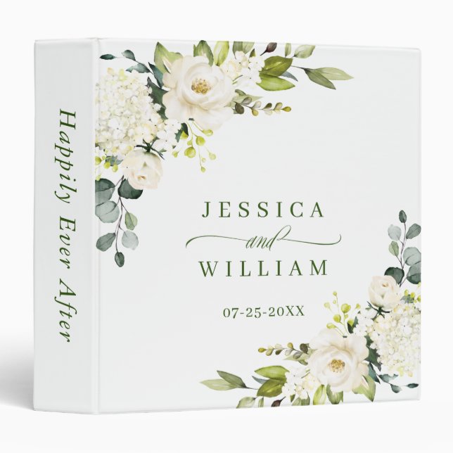 Elegant Eucalyptus White Roses Floral Wedding 3 Ring Binder (Front/Spine)