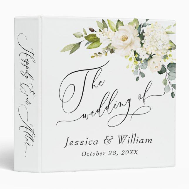 Elegant Eucalyptus White Roses Floral Wedding 3 Ring Binder (Front/Spine)