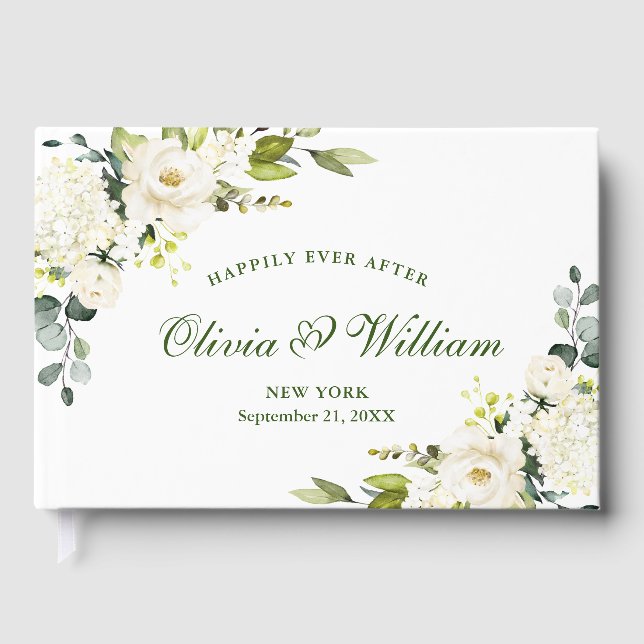 Elegant Eucalyptus White Roses Floral Wedding Guest Book (Front)