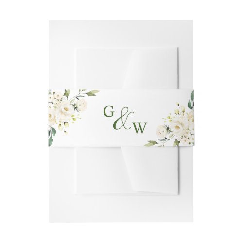 Elegant Eucalyptus White Roses Floral Wedding Invitation Belly Band