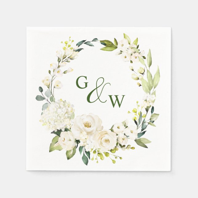 Elegant Eucalyptus White Roses Floral Wedding Napkins (Front)