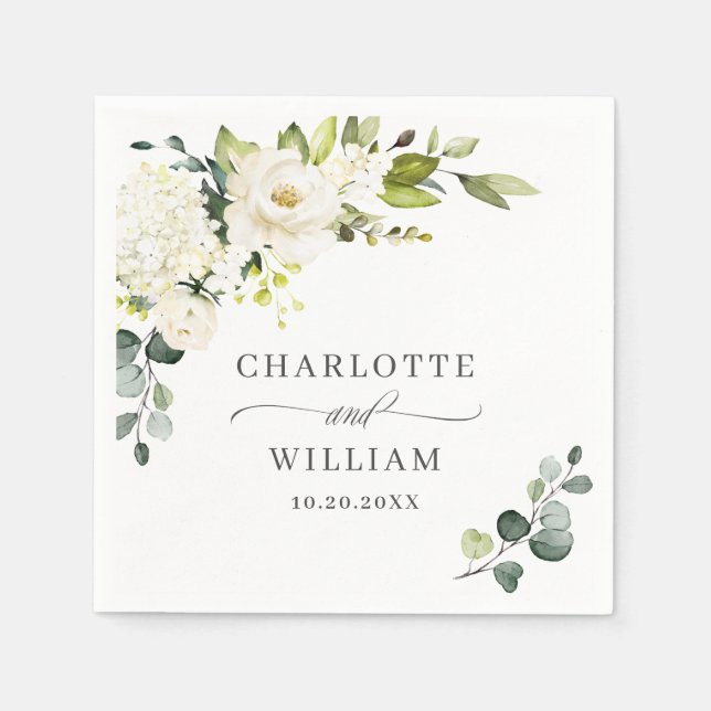 Elegant Eucalyptus White Roses Floral Wedding Napkins (Front)
