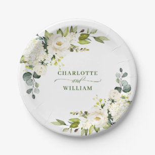 Elegant Eucalyptus White Roses Floral Wedding Paper Plates