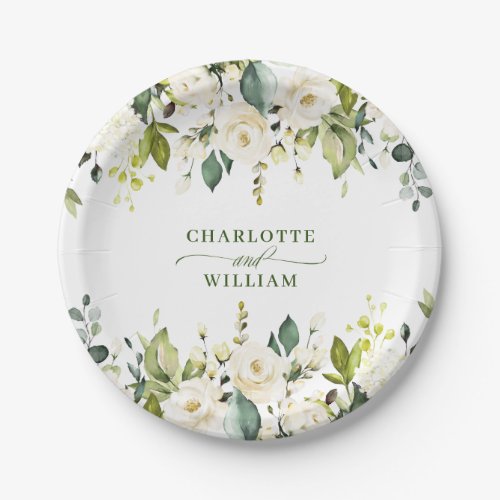 Elegant Eucalyptus White Roses Floral Wedding Paper Plates