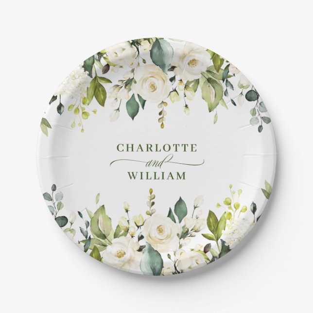 Elegant Eucalyptus White Roses Floral Wedding Paper Plates (Front)