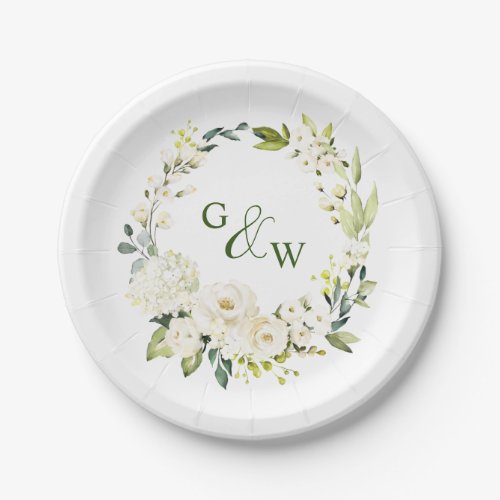 Elegant Eucalyptus White Roses Floral Wedding Paper Plates