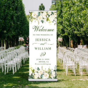 Elegant Eucalyptus White Roses Floral Wedding Retractable Banner