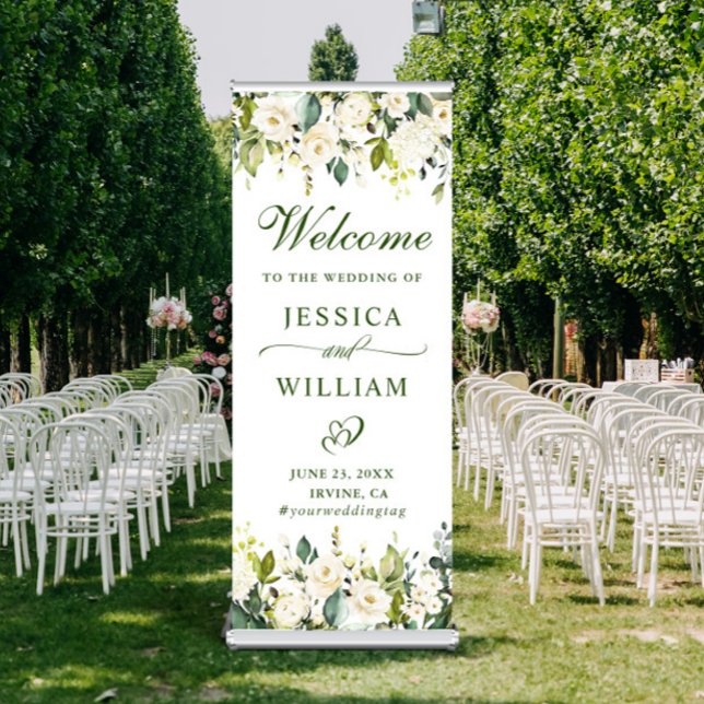 Elegant Eucalyptus White Roses Floral Wedding Retractable Banner (Creator Uploaded)