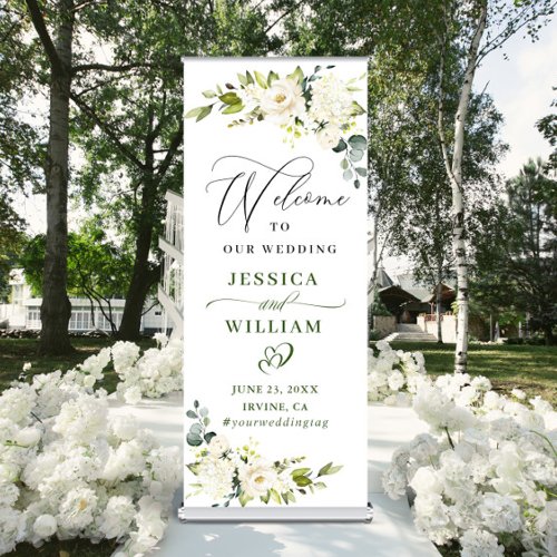 Elegant Eucalyptus White Roses Floral Wedding Retractable Banner