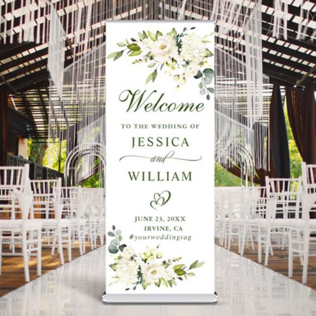 Elegant Eucalyptus White Roses Floral Wedding Retractable Banner (Creator Uploaded)