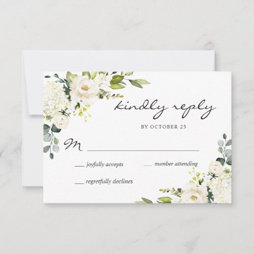 Elegant Eucalyptus White Roses Floral Wedding RSVP Card