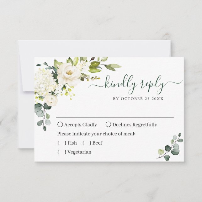 Elegant Eucalyptus White Roses Floral Wedding RSVP Card (Front)