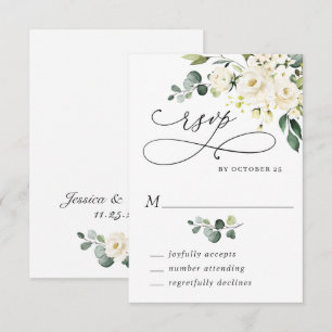 Elegant Eucalyptus White Roses Floral Wedding RSVP Card