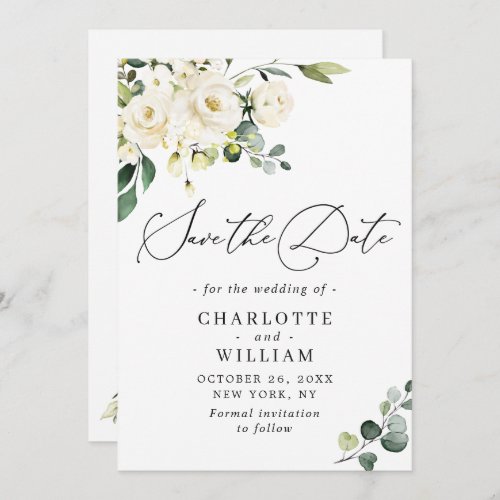 Elegant Eucalyptus White Roses Floral Wedding Save The Date