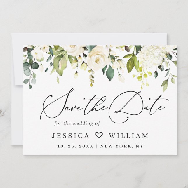 Elegant Eucalyptus White Roses Floral Wedding Save The Date (Front)