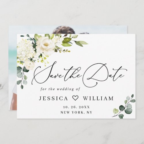 Elegant Eucalyptus White Roses Floral Wedding Save The Date