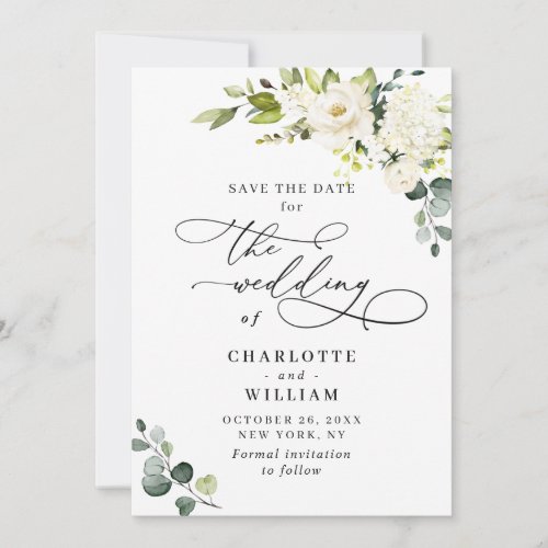 Elegant Eucalyptus White Roses Floral Wedding Save The Date