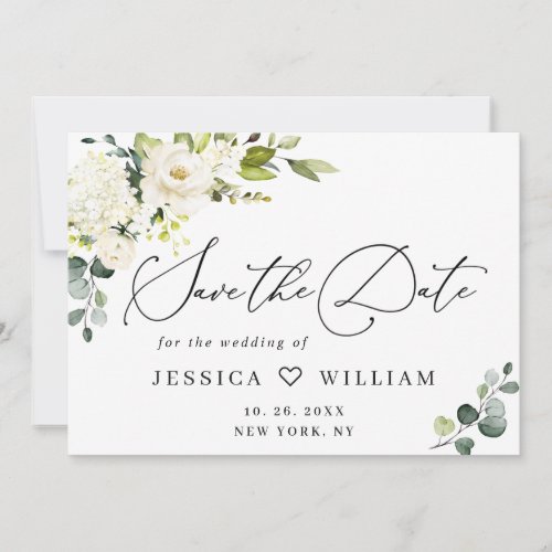 Elegant Eucalyptus White Roses Floral Wedding Save The Date