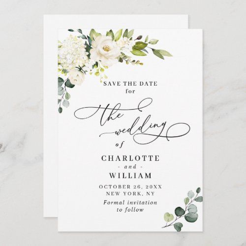 Elegant Eucalyptus White Roses Floral Wedding Save The Date