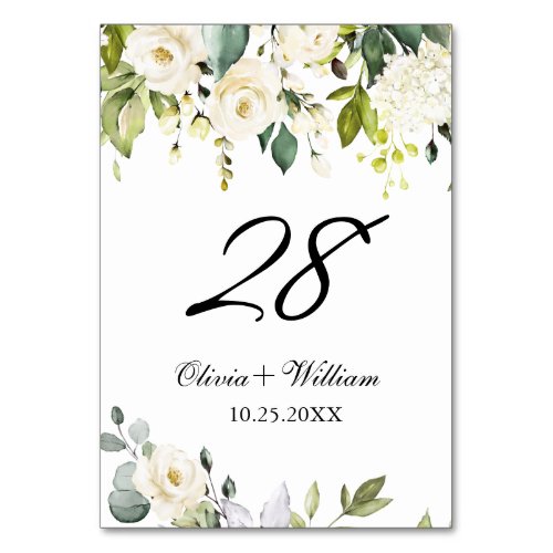 Elegant Eucalyptus White Roses Floral Wedding Table Number