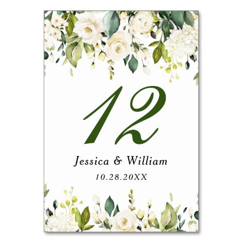 Elegant Eucalyptus White Roses Floral Wedding Table Number