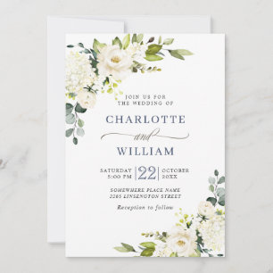 Elegant Eucalyptus White Roses Greenery Wedding Invitation