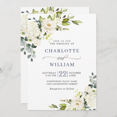 Elegant Eucalyptus White Roses Greenery Wedding Invitation