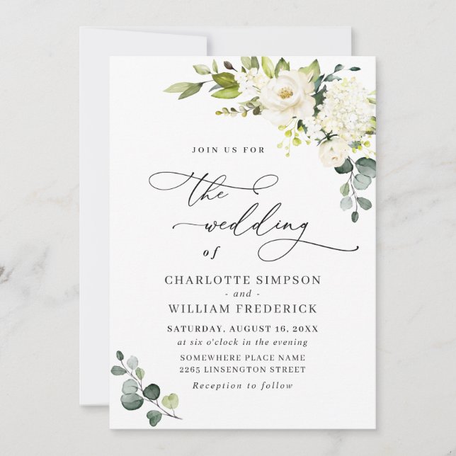 Elegant Eucalyptus White Roses Greenery Wedding Invitation (Front)