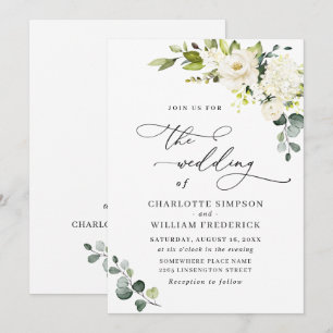 Elegant Eucalyptus White Roses Greenery Wedding Invitation