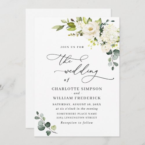 Elegant Eucalyptus White Roses Greenery Wedding Invitation