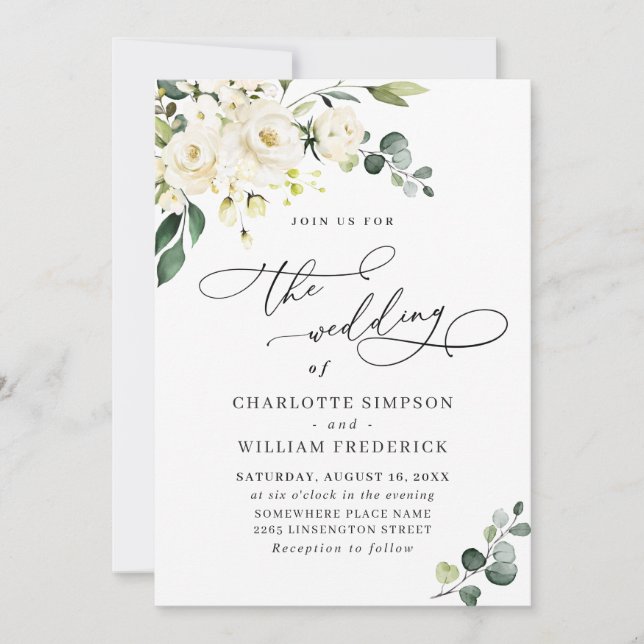 Elegant Eucalyptus White Roses Greenery Wedding Invitation (Front)