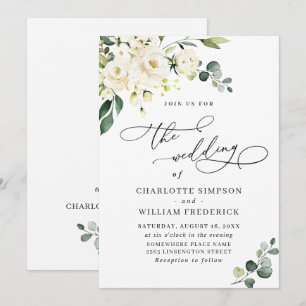 Elegant Eucalyptus White Roses Greenery Wedding Invitation