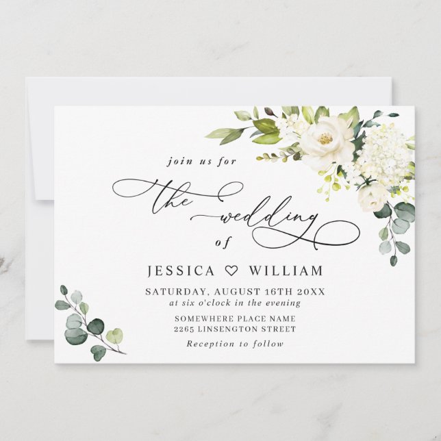 Elegant Eucalyptus White Roses Greenery Wedding Invitation (Front)