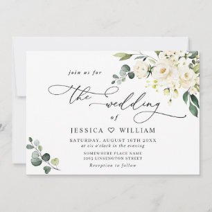 Elegant Eucalyptus White Roses Greenery Wedding Invitation