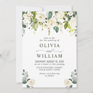 Elegant Eucalyptus White Roses Greenery Wedding Invitation