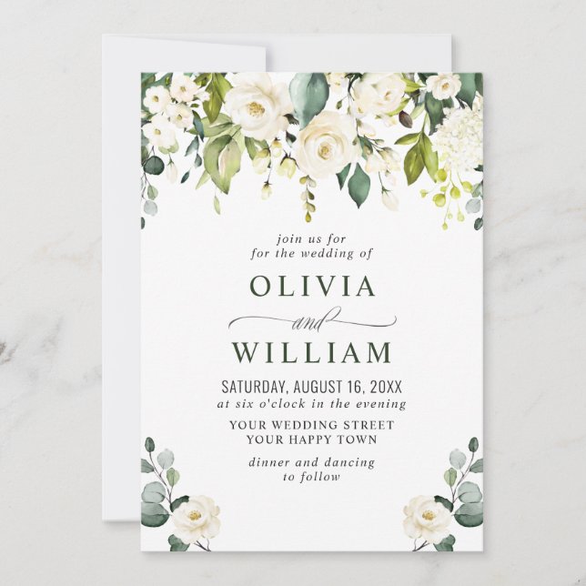 Elegant Eucalyptus White Roses Greenery Wedding Invitation (Front)