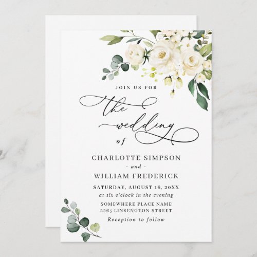 Elegant Eucalyptus White Roses Greenery Wedding Invitation