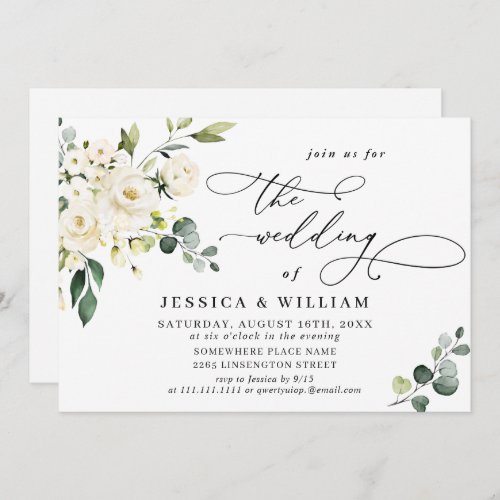 Elegant Eucalyptus White Roses Greenery Wedding Invitation
