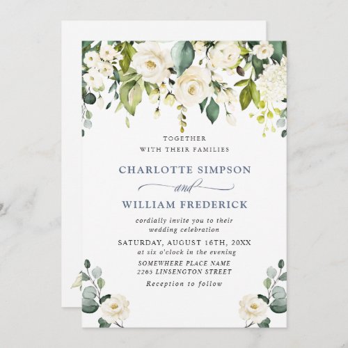 Elegant Eucalyptus White Roses Greenery Wedding Invitation