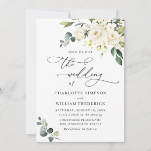 Elegant Eucalyptus White Roses Greenery Wedding Invitation