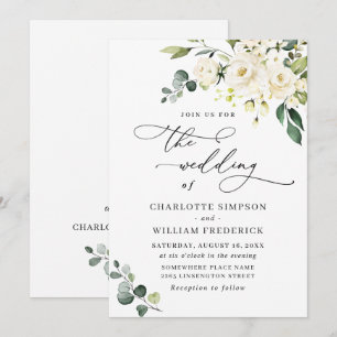 Elegant Eucalyptus White Roses Greenery Wedding Invitation