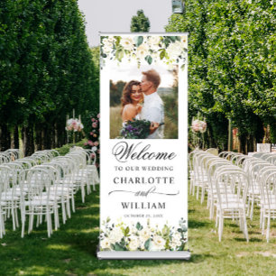 Elegant Eucalyptus White Roses PHOTO Wedding Retractable Banner
