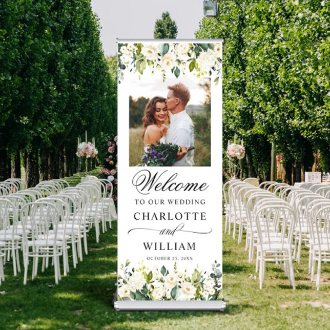Elegant Eucalyptus White Roses PHOTO Wedding Retractable Banner (Creator Uploaded)