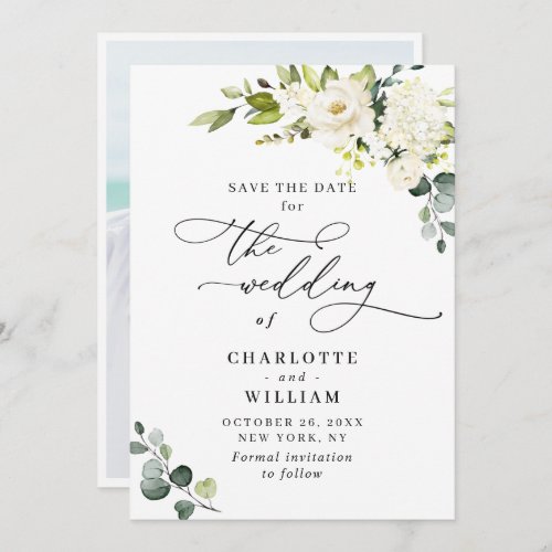 Elegant Eucalyptus White Roses PHOTO Wedding Save The Date