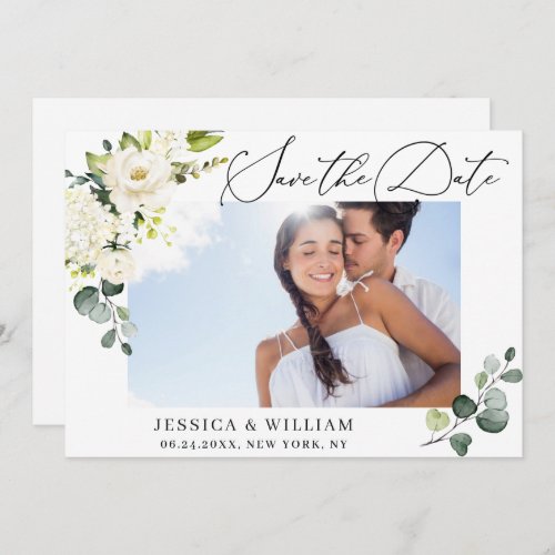 Elegant Eucalyptus White Roses PHOTO Wedding Save The Date