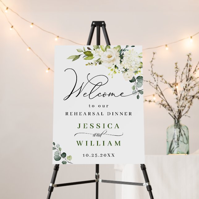 Elegant Eucalyptus White Roses Rehearsal Dinner Foam Board (In Situ (Stand))