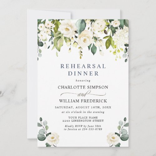 Elegant Eucalyptus White Roses REHEARSAL DINNER Invitation