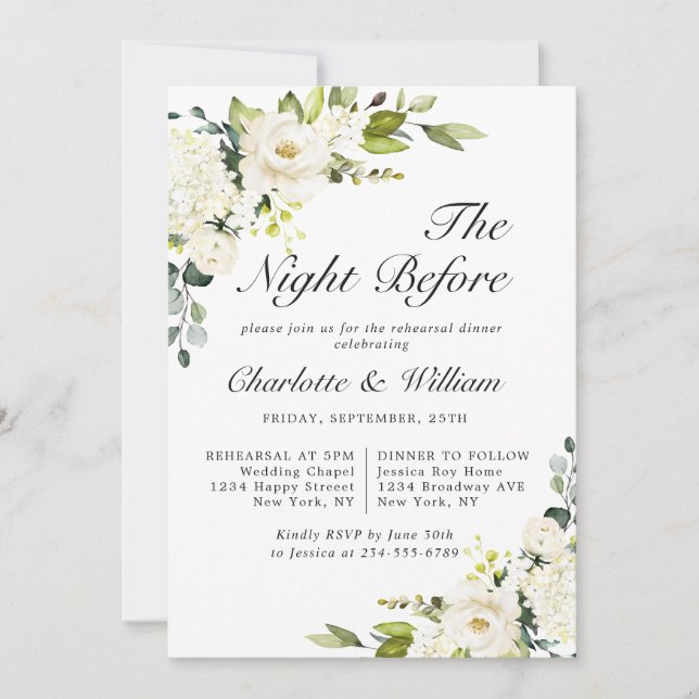 Elegant Eucalyptus White Roses REHEARSAL DINNER Invitation (Front)