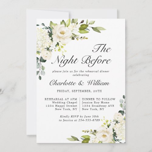 Elegant Eucalyptus White Roses REHEARSAL DINNER Invitation